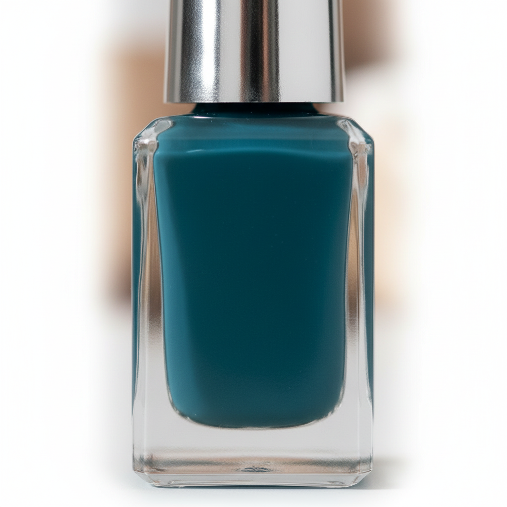 Extreme macro close-up of Barry M Gelly Hi Shine Nail Paint Ocean Blue bottle showing rich teal polish colour and chrome cap detail