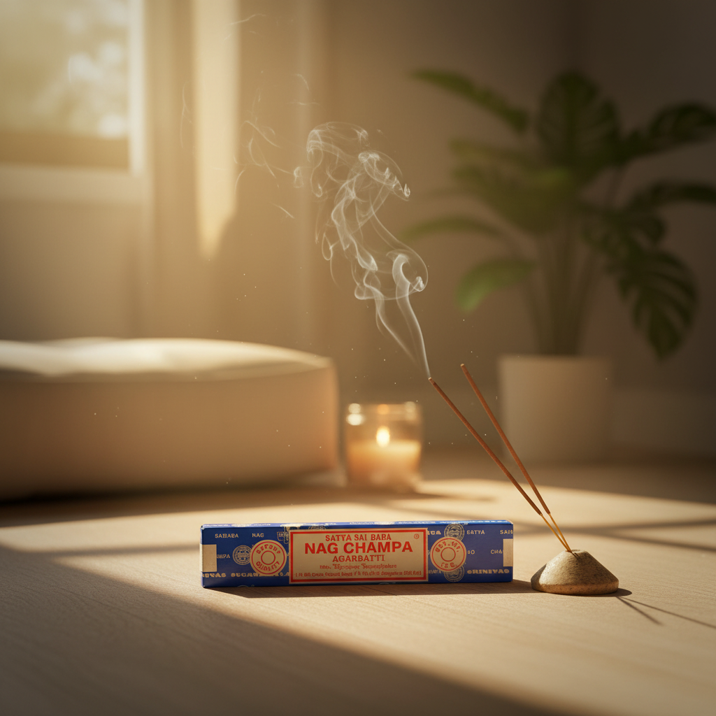 Satya Sai Baba Nag Champa incense stick burning with wisp of smoke in a cosy meditation corner, golden hour light, cobalt blue box visible in warm lifestyle setting