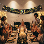 90th birthday party celebration with Sparkling Fizz banner displayed above party table with multi-generational family