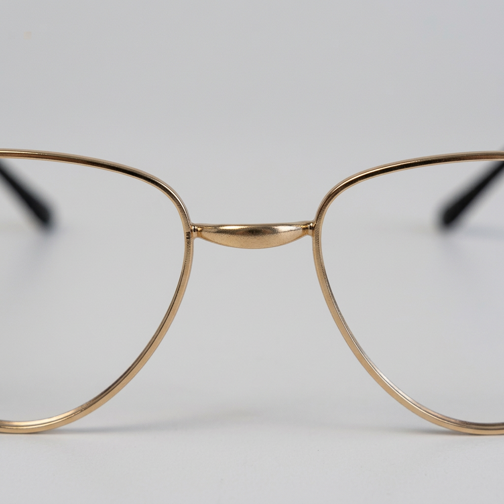 Close-up of the gold metal bridge and curved rims of the lensless costume frames