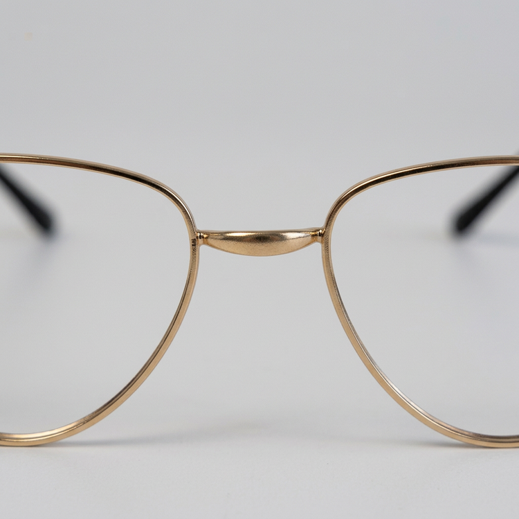 Close-up of the gold metal bridge and curved rims of the lensless costume frames