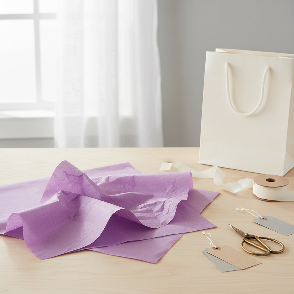 Purple tissue paper at a home gift-wrapping station with natural window light, interior lifestyle photography