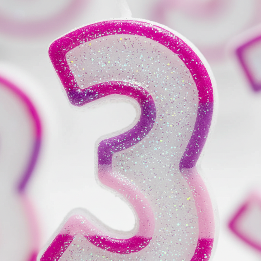 Extreme macro close-up of pink glitter number 3 birthday candle showing iridescent glitter wax texture and fuchsia border detail
