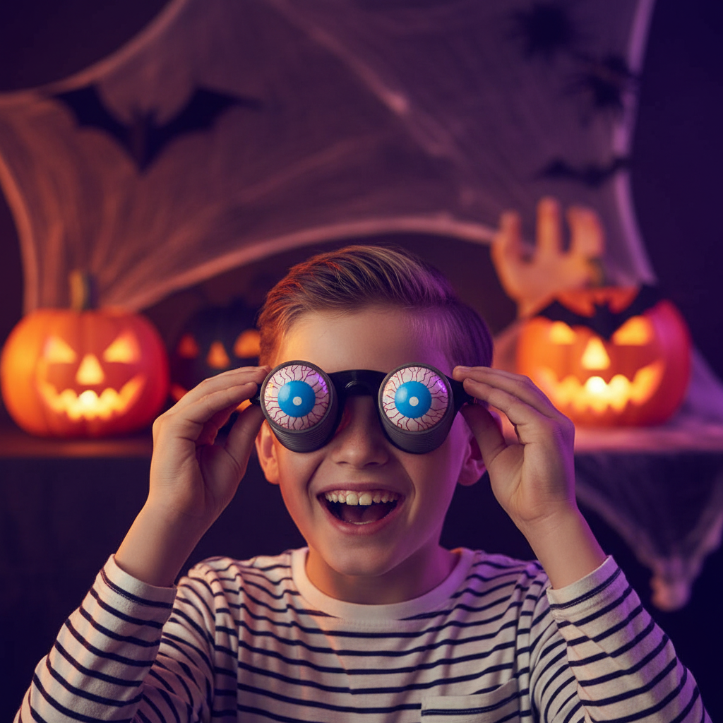Child wearing Joke Pop Out Eye Glasses at a Halloween party — spooky novelty accessory