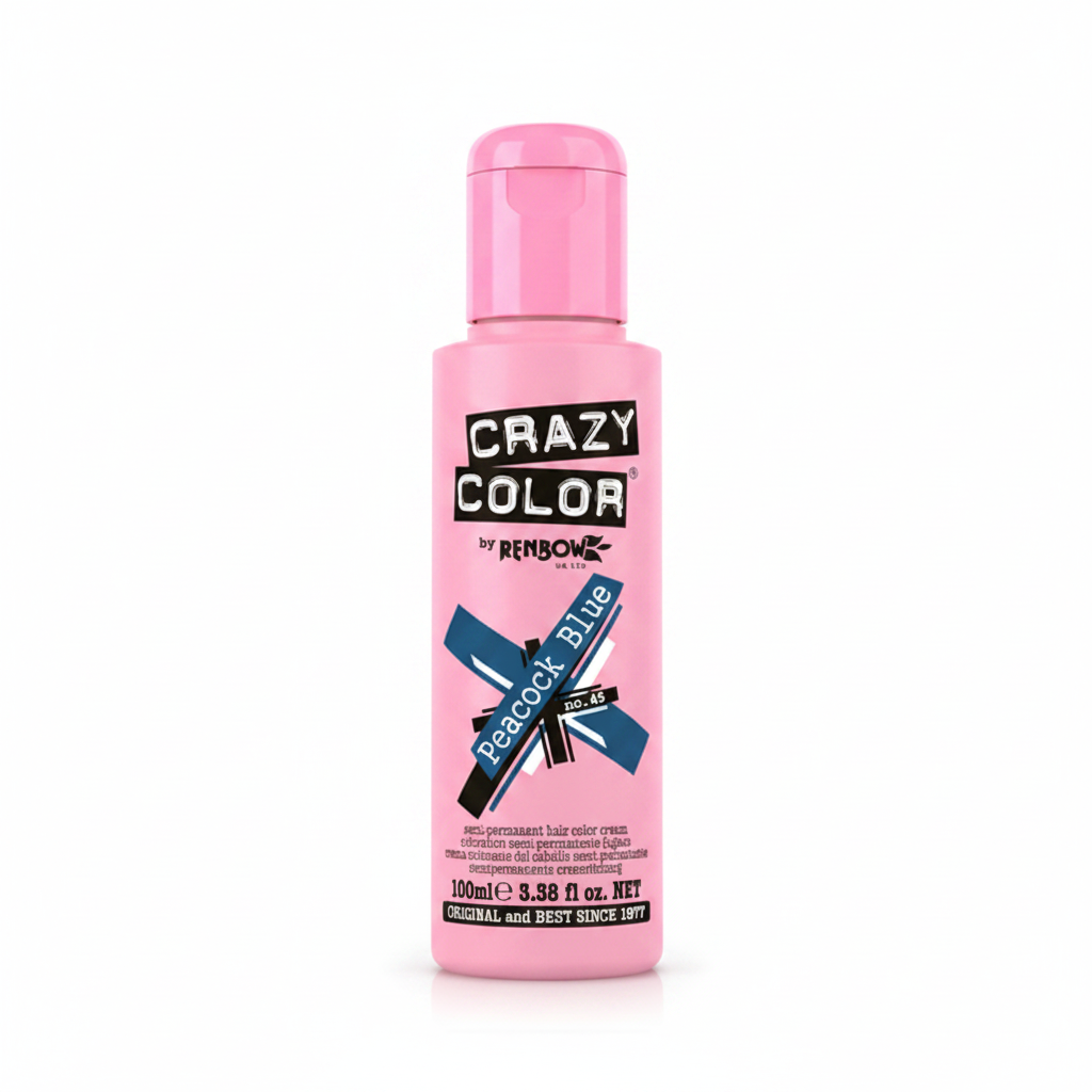 Crazy Color Peacock Blue Semi-Permanent Hair Dye 100ml on a pure white studio background — candy pink bottle with teal label badge