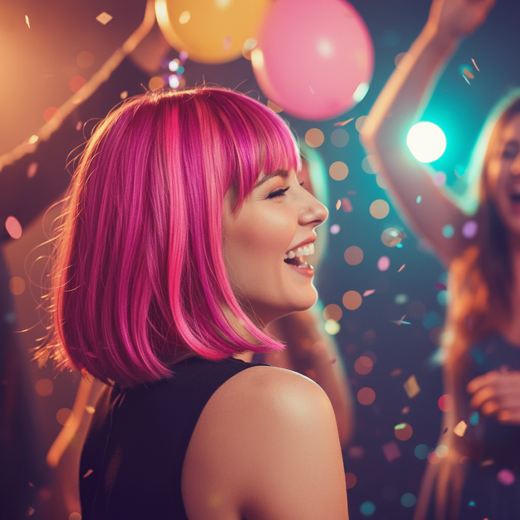 Woman with pink temporary hair colour at hen party - Party Success hair spray results