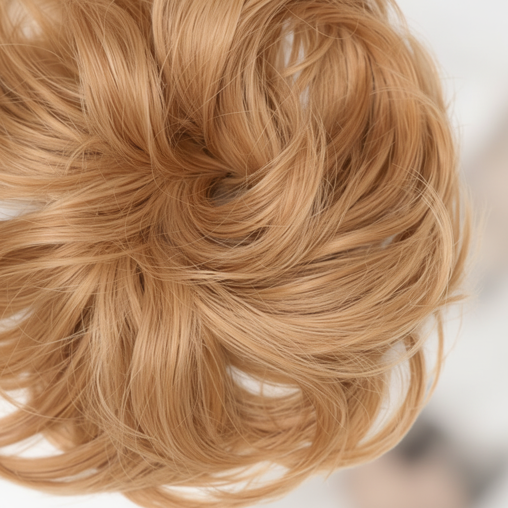 Extreme macro close-up of Flicky wavy scrunchie hairpiece showing individual honey blonde hair strand texture and wave pattern