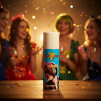 White temporary hair colour spray can at a festive costume party in warm golden light