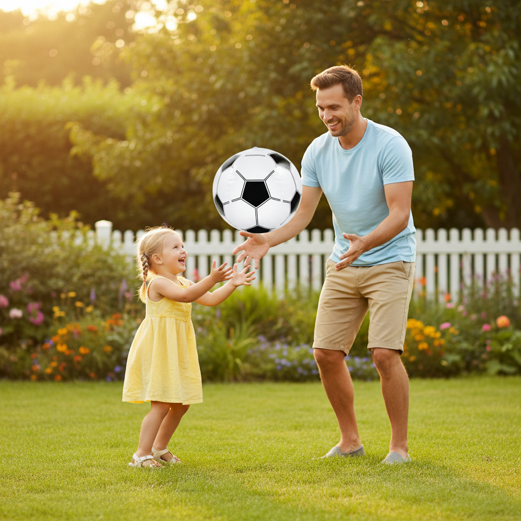 Dad and child playing with an inflatable football 40cm in a sunny garden