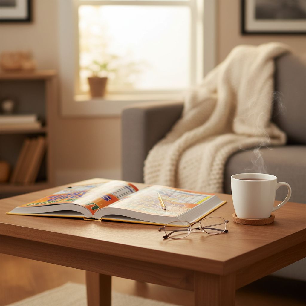 Large Print Word Search Books 72 Puzzles open on coffee table with tea and reading glasses