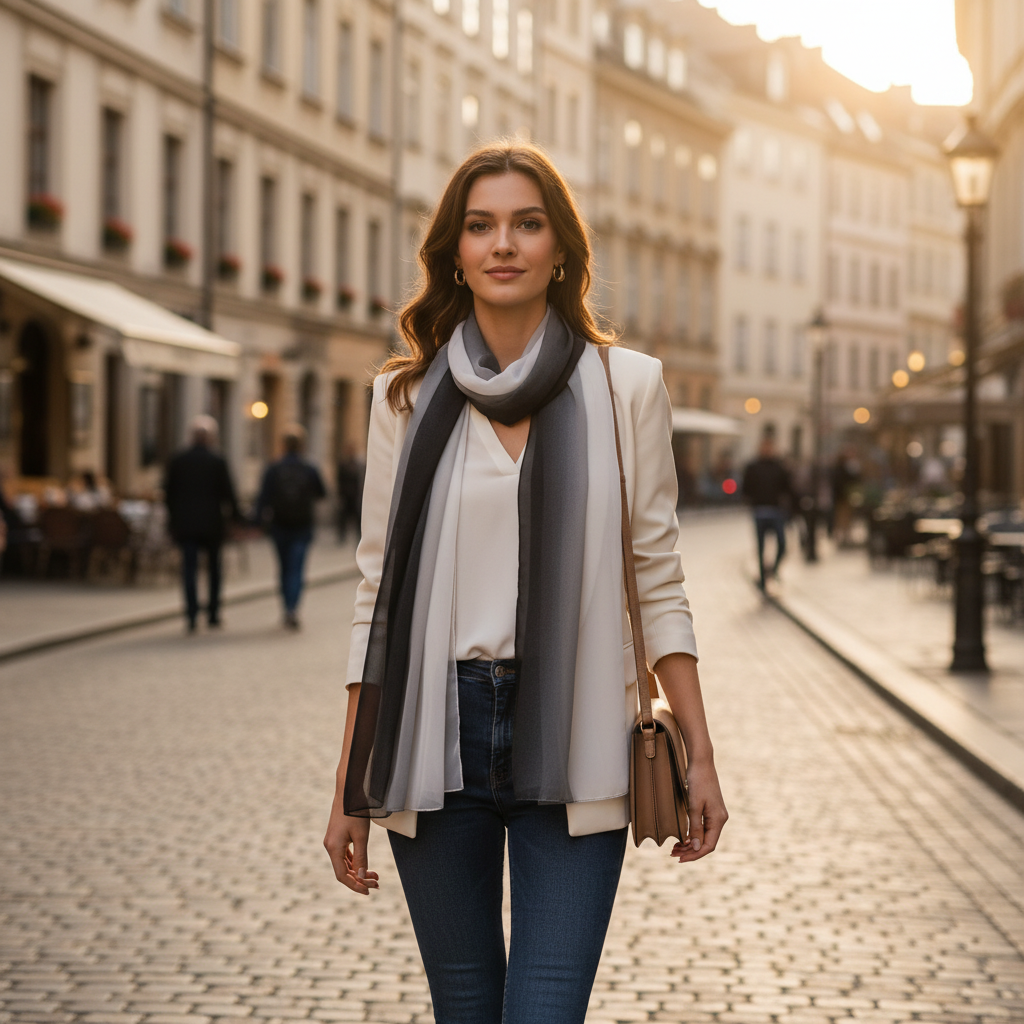 Stylish woman wearing black and white gradient chiffon scarf walking through European city street