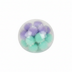 Squishy pom pom ball 6.5cm with clear transparent shell and assorted coloured fluffy pom poms on white background