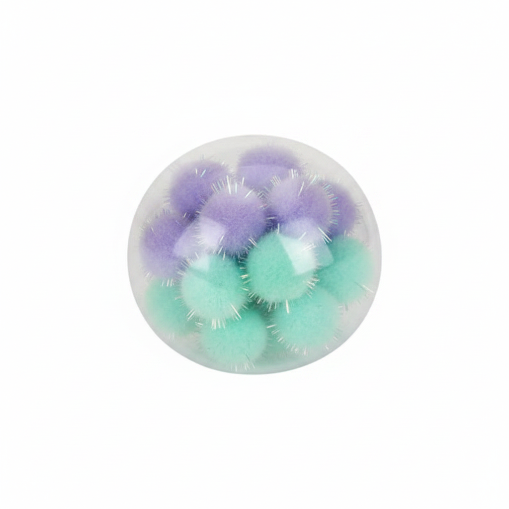 Squishy pom pom ball 6.5cm with clear transparent shell and assorted coloured fluffy pom poms on white background