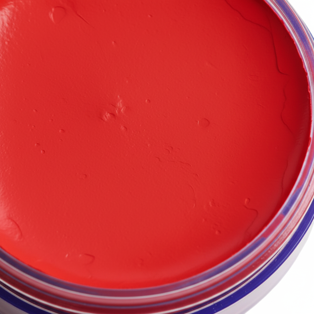 Extreme macro close-up of Snazaroo Bright Red face paint showing smooth creamy texture and rich pigmentation