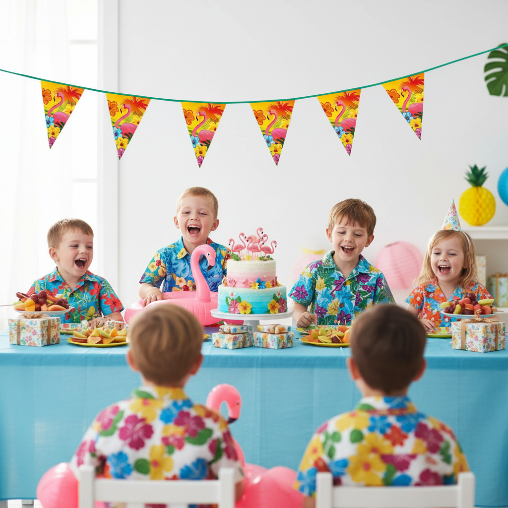 Flamingo Hawaiian Party Bunting 6m decorating a children's birthday party table with kids in Hawaiian shirts