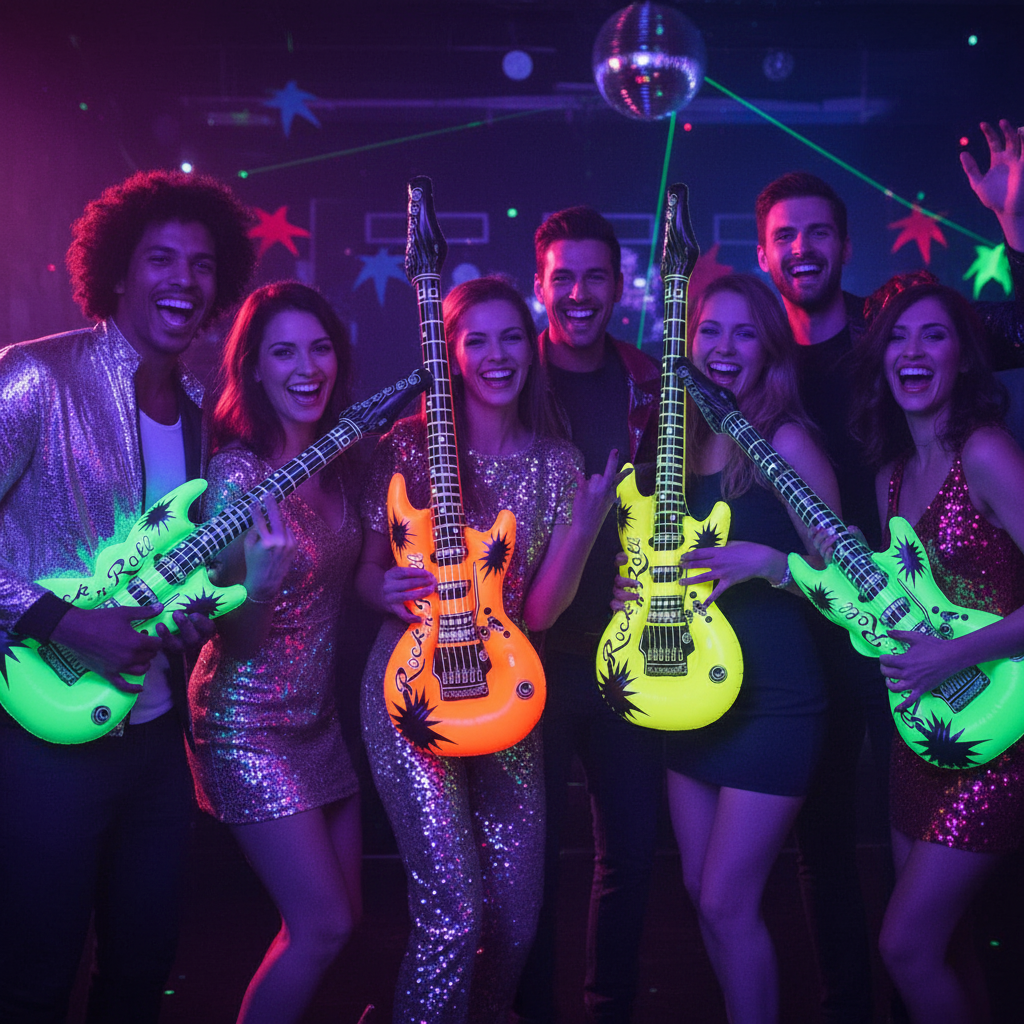 Group of people at a fancy dress party holding neon inflatable guitars glowing under UV blacklights