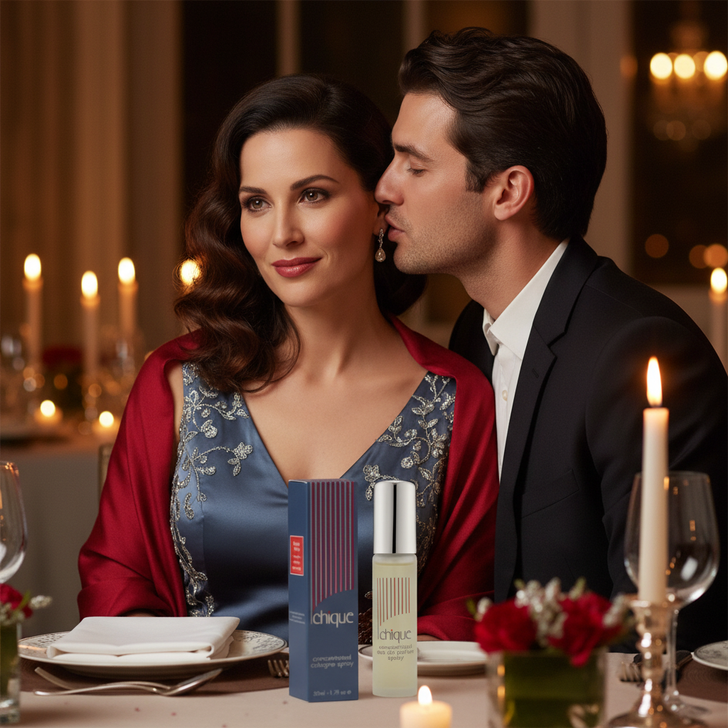 Confident elegant woman at dinner party, outcome of wearing Taylor of London Chique oriental woody fragrance