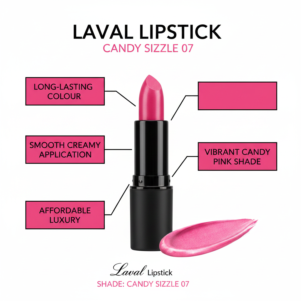 Laval Lipstick Candy Sizzle 07 premium feature infographic with callout labels on white background