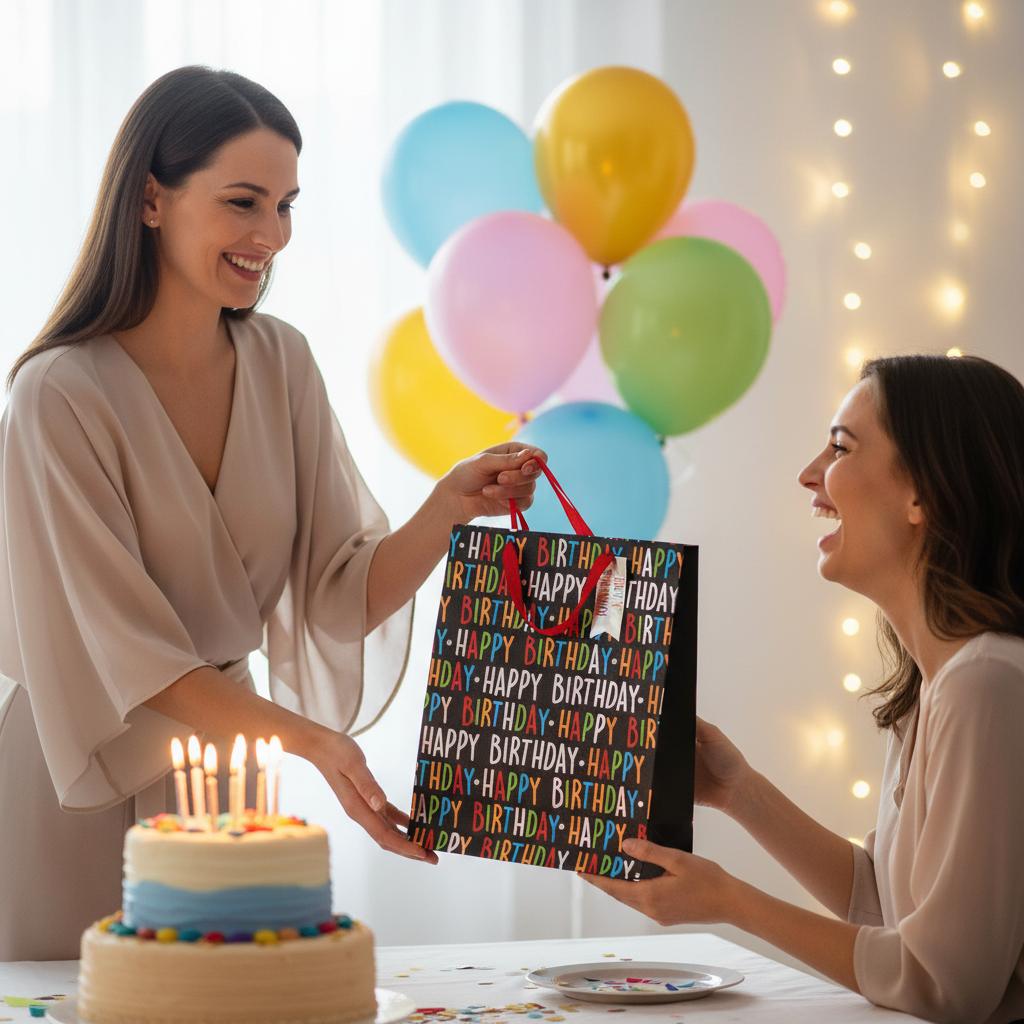 Smiling woman handing a black Happy Birthday gift bag to a friend at a birthday party