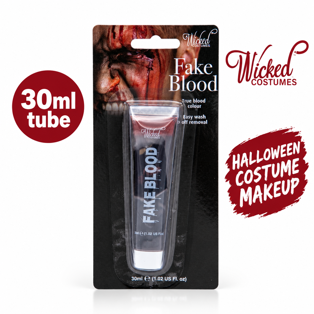 Wicked Costumes fake blood 30ml retail pack with illustrated feature callouts
