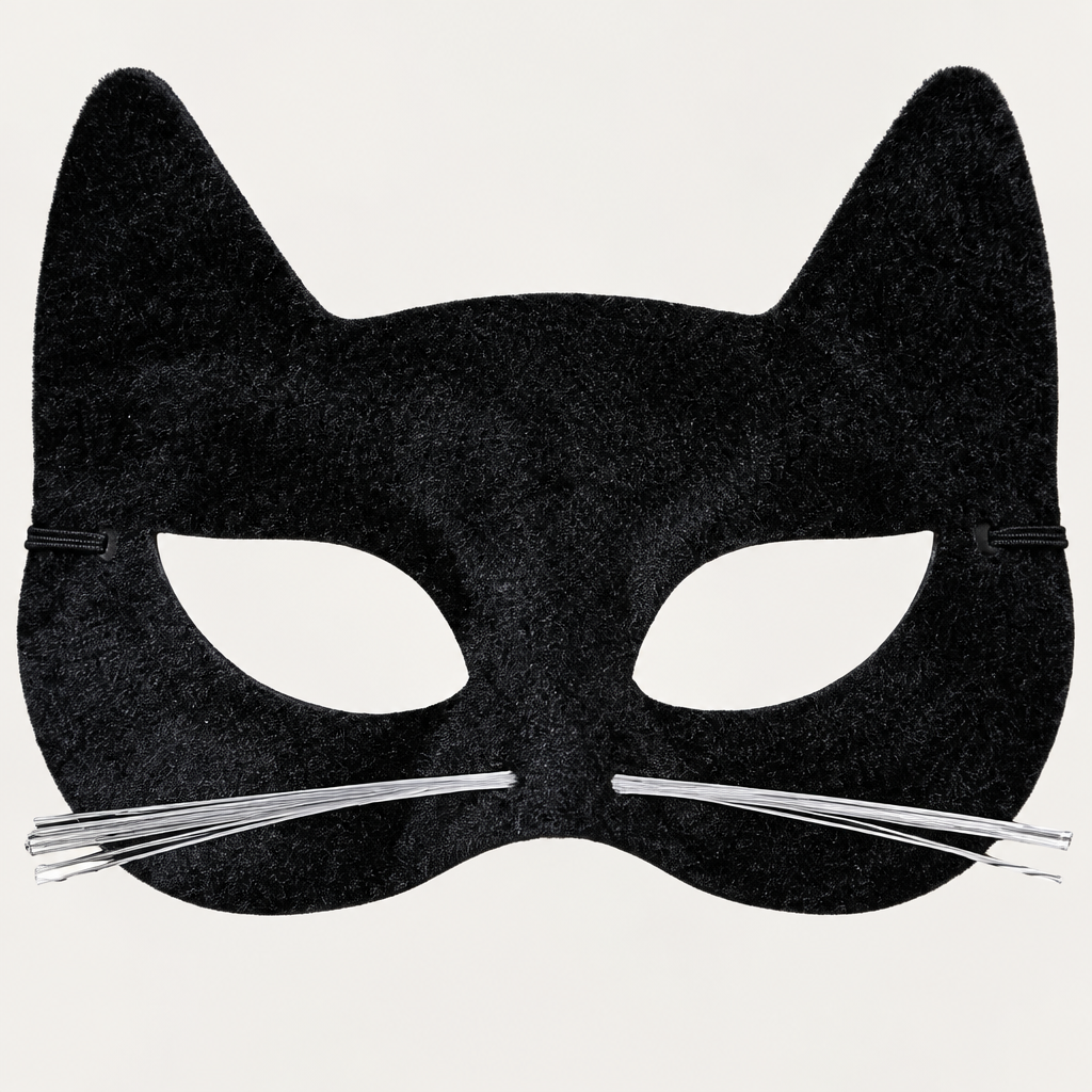 Close-up of black velour cat mask surface, eye openings and white whiskers