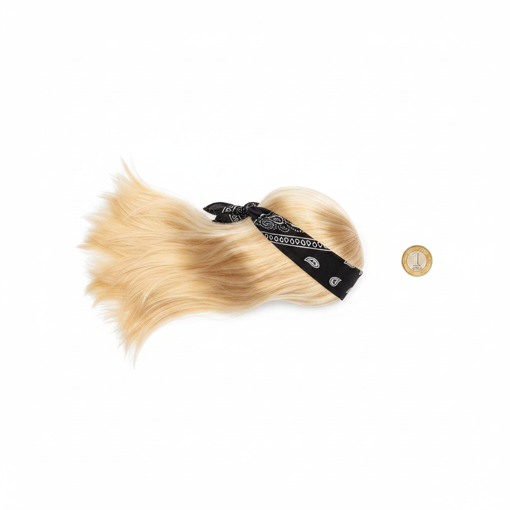 Mens 90s Blonde Rocker Wig with Black and White Bandana flat lay on white background beside a £1 coin to show scale, overhead lighting