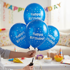 Hands arranging metallic blue star Happy Birthday balloons for party decoration with venue setup in background