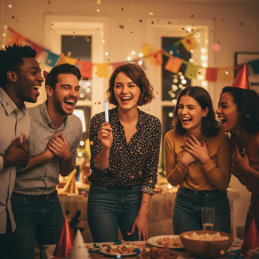 Person holding fake cigarette at party while everyone around them laughs, prank outcome result