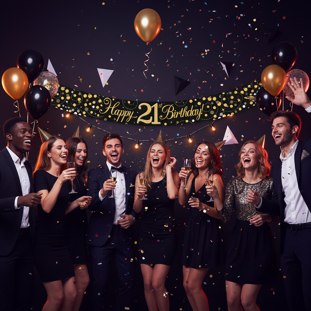 Young adults celebrating 21st birthday party with Sparkling Fizz black and gold banner