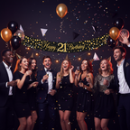 Young adults celebrating 21st birthday party with Sparkling Fizz black and gold banner