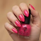 Beautiful bold manicure result from W7 Fluorescent Pink Nail Polish, perfectly painted vivid fluorescent hot pink nails with glossy finish