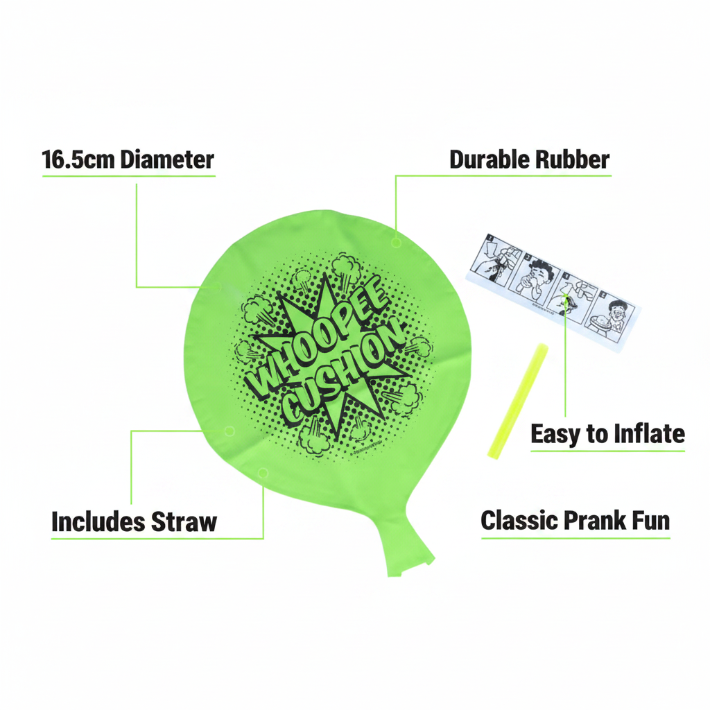 Whoopee cushion feature infographic showing 16.5cm diameter, durable rubber, easy inflate, classic prank fun and includes straw callouts