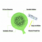 Whoopee cushion feature infographic showing 16.5cm diameter, durable rubber, easy inflate, classic prank fun and includes straw callouts