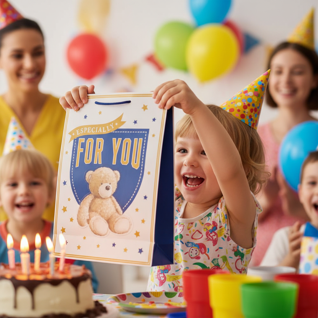 Excited child receiving a multi-coloured bear gift bag at a birthday party