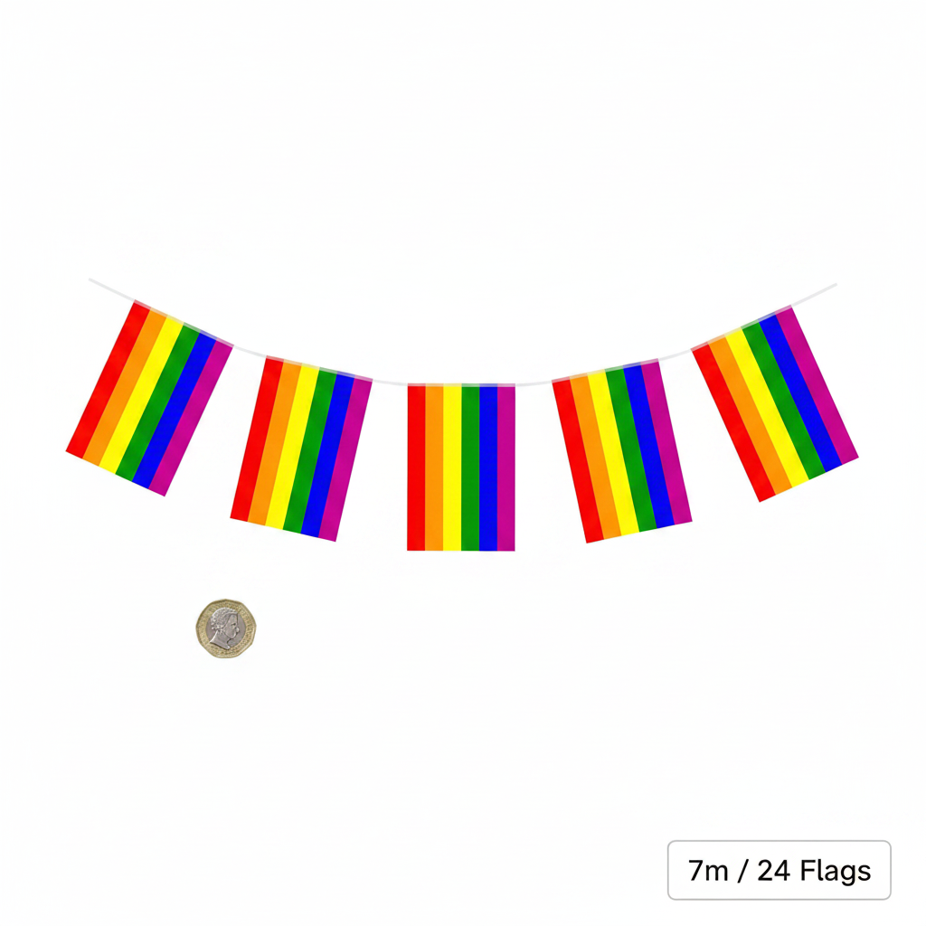 Gay Pride rainbow flag bunting flat lay beside UK £1 coin on white background showing 7m length and 24 flags