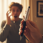 Close up of hand holding electric shock joke pen about to click button