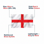 England St George Flag infographic showing key features: 60x90cm size, vivid colours, brass eyelets, lightweight