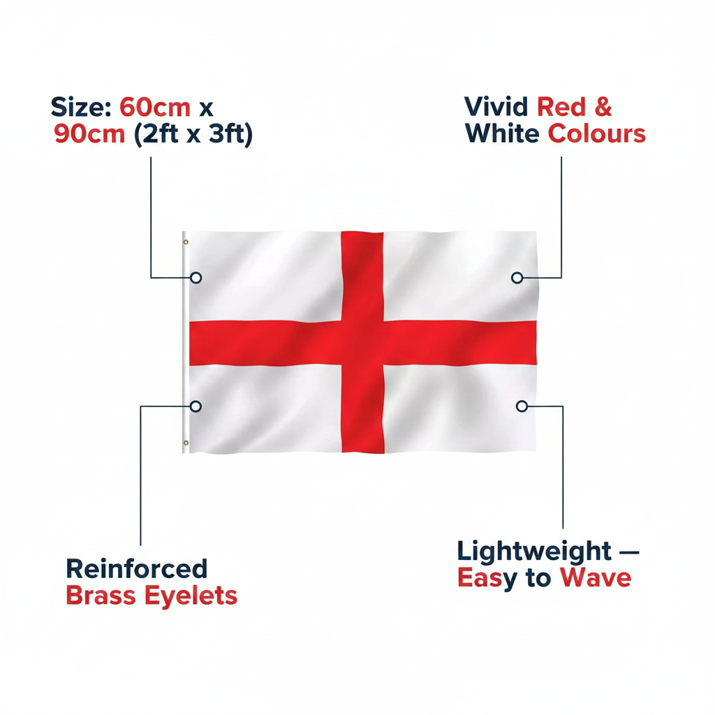 England St George Flag infographic showing key features: 60x90cm size, vivid colours, brass eyelets, lightweight
