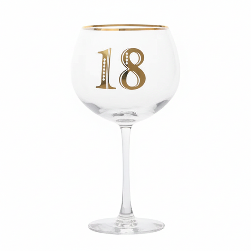 Art Deco 18th Birthday Gin Glass on pure white background, centred studio shot showing gold Art Deco detailing
