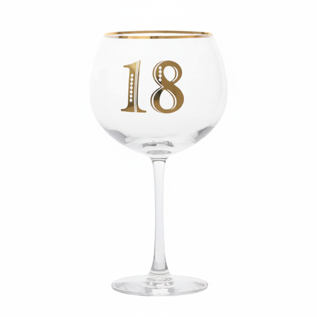 Art Deco 18th Birthday Gin Glass on pure white background, centred studio shot showing gold Art Deco detailing