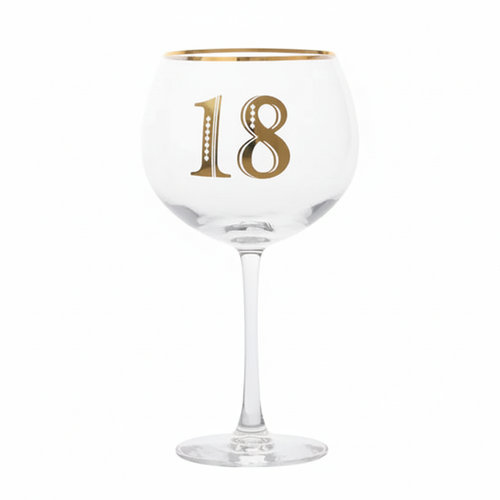 Art Deco 18th Birthday Gin Glass on pure white background, centred studio shot showing gold Art Deco detailing