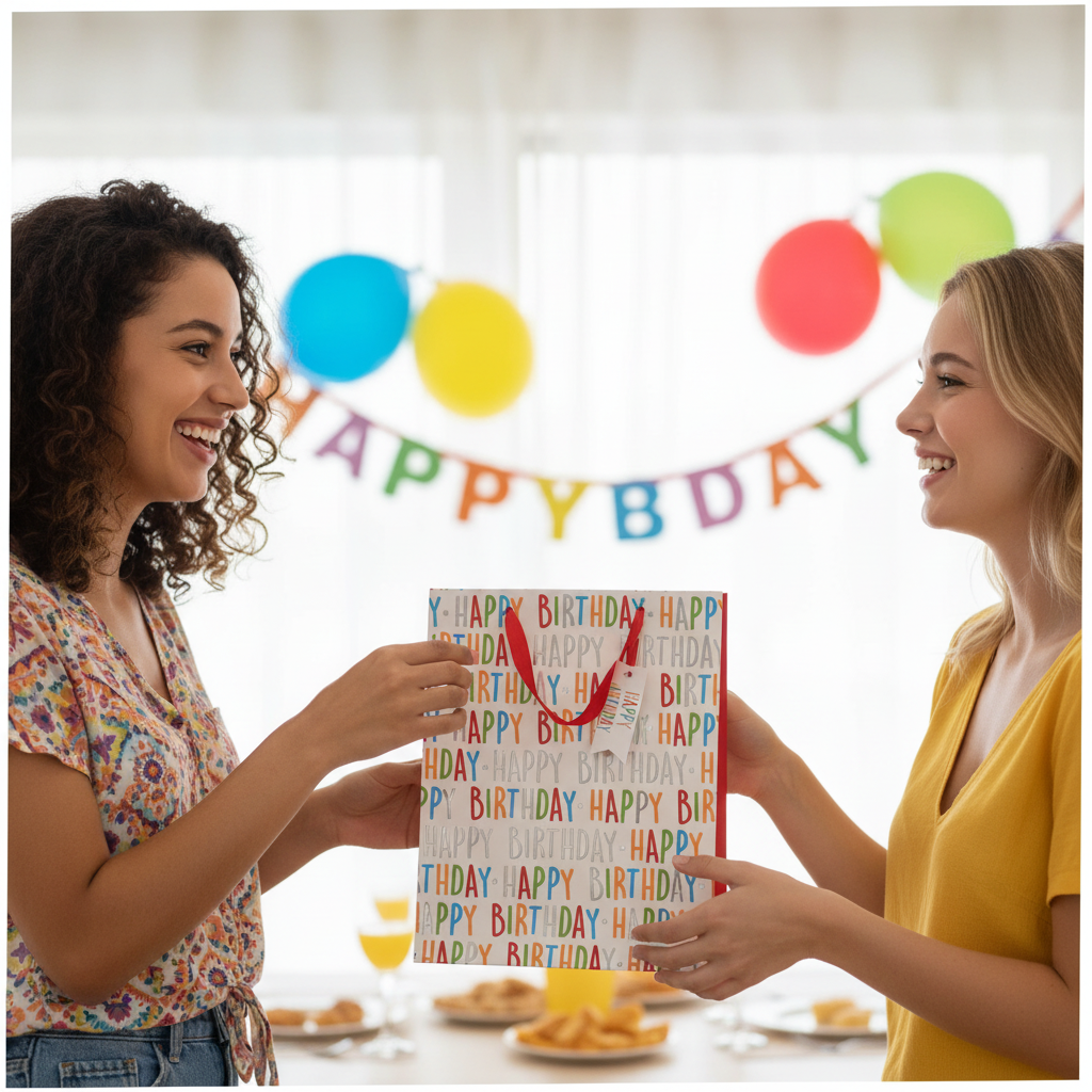 Woman handing a multi-coloured Happy Birthday gift bag to a friend at a birthday party