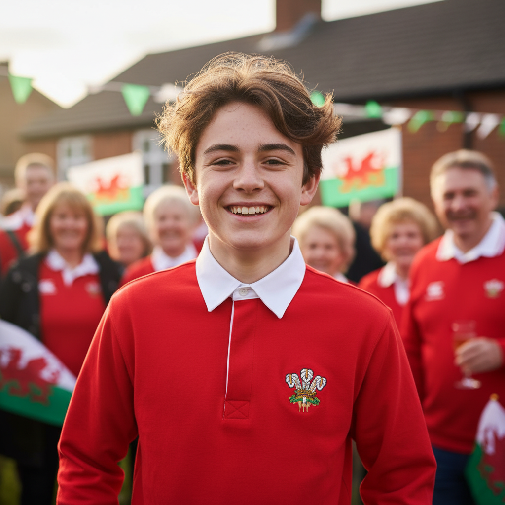 Teenager wearing Welsh red rugby shirt at celebration