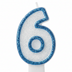 Extreme macro close-up of blue number 6 birthday candle showing white glitter body and royal blue glitter border texture and sparkle