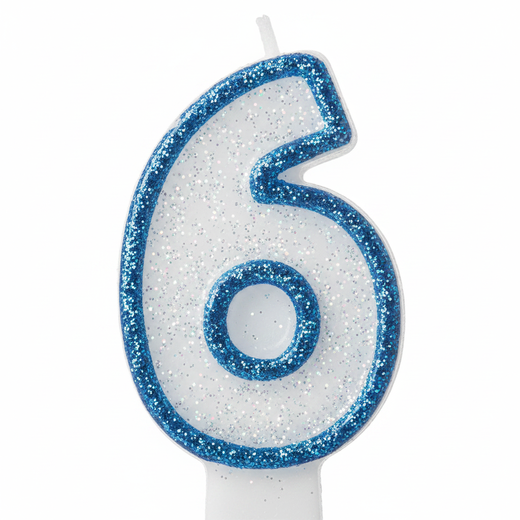 Extreme macro close-up of blue number 6 birthday candle showing white glitter body and royal blue glitter border texture and sparkle