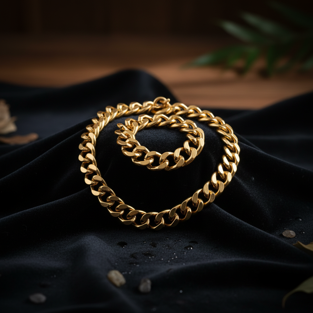Chunky gold chain necklace 68cm draped over dark velvet surface with moody studio lighting