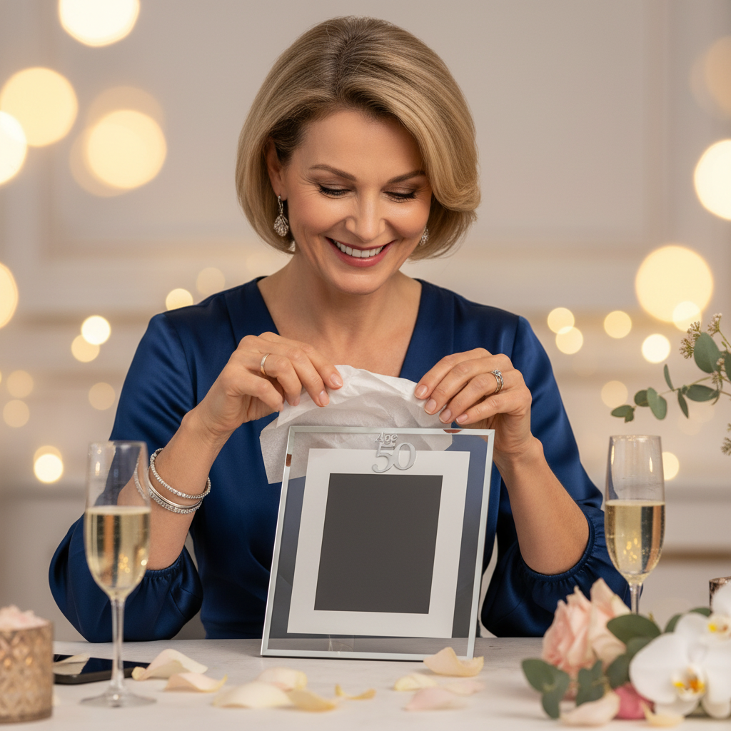 Stylish woman unwrapping a silver Age 50 milestone photo frame gift at a 50th birthday celebration