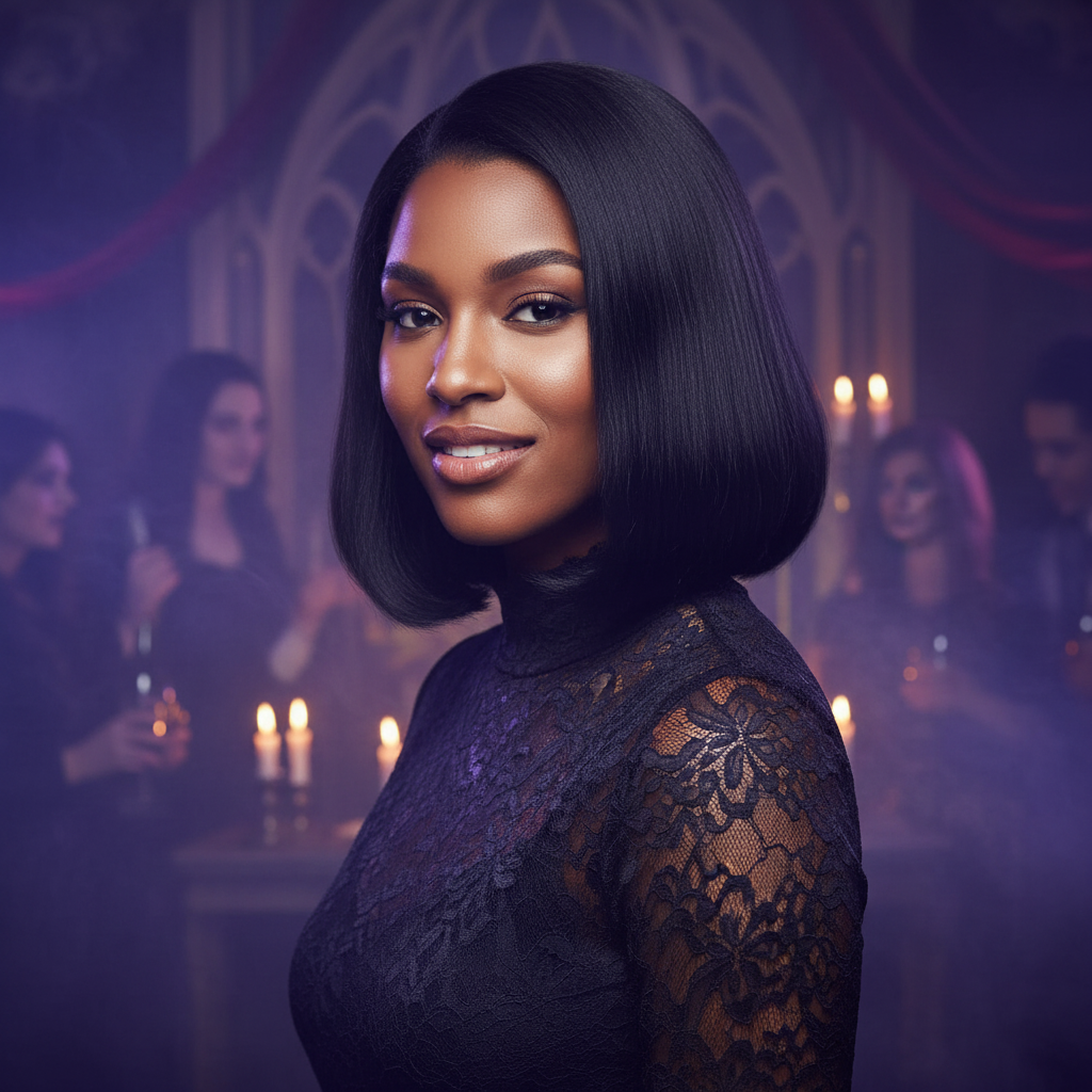 Person with sleek black temporary hair colour at gothic party - Party Success hair spray results