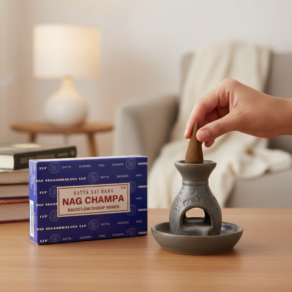 Hands placing a Satya Nag Champa warm brown backflow incense cone into a ceramic burner in a cosy home setting