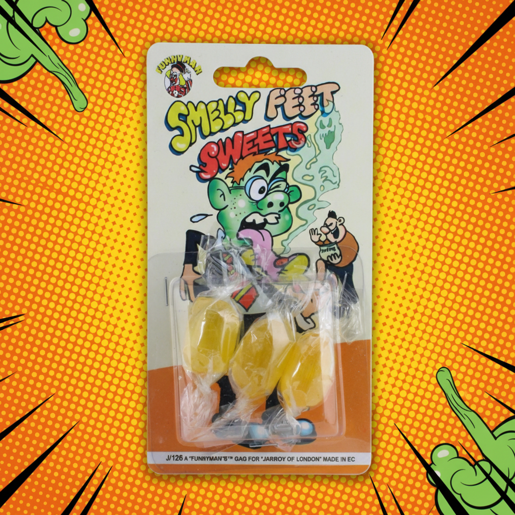 Funnyman Smelly Feet Sweets joke novelty sweet on white blister card with cartoon zombie character and yellow foot-shaped sweets